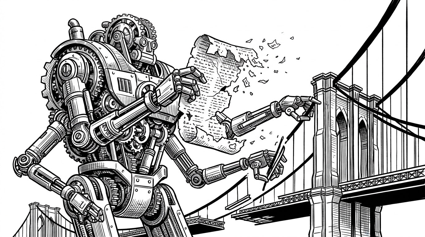 A massive, intricate clockwork automaton trying to build a modern suspension bridge, but it is reading from a crumbling, moth-eaten paper scroll that is actively disintegrating.