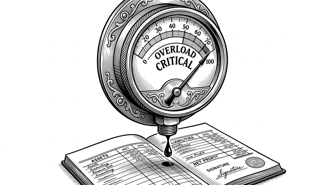 A close-up of an ornate analog pressure gauge with the needle in a critical zone, and a drop of ink about to fall on a ledger.