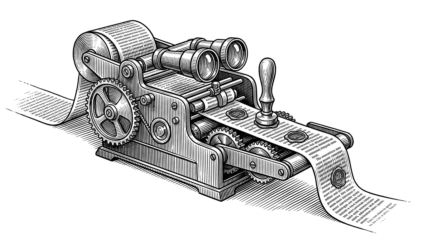 A precise, vintage mechanical sorting machine separating structural gears from a long ribbon of text.