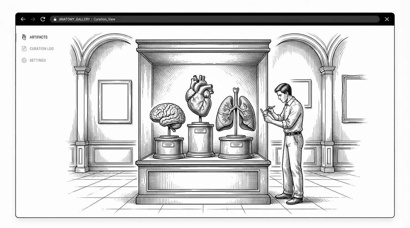 A wide museum-like gallery with glass cases holding a heart, brain, and lungs as curated exhibits, while a lone developer stands at the edge of the room beside browser-like panels. The scene explains that this is a web app built as a designed experience, not a rough prototype.