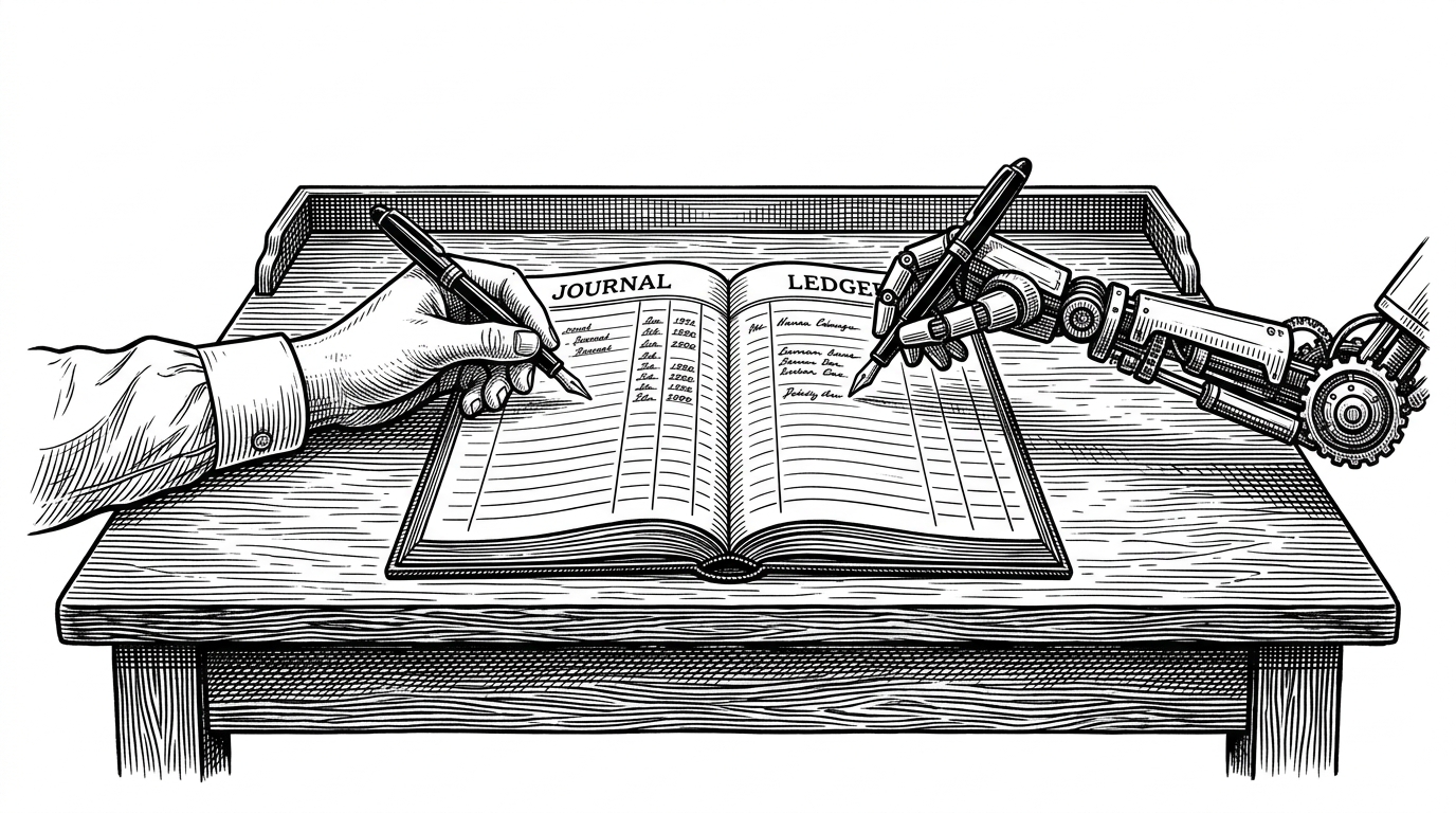 A physical double-desk where a human hand and a robotic arm write simultaneously in the same ledger book, representing the human-AI co-editing collision.