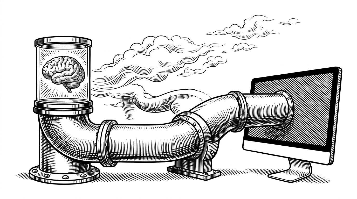 A heavy industrial pneumatic tube system connecting a glowing brain in a jar to a computer monitor, contrasting with dissolving clouds in the background.