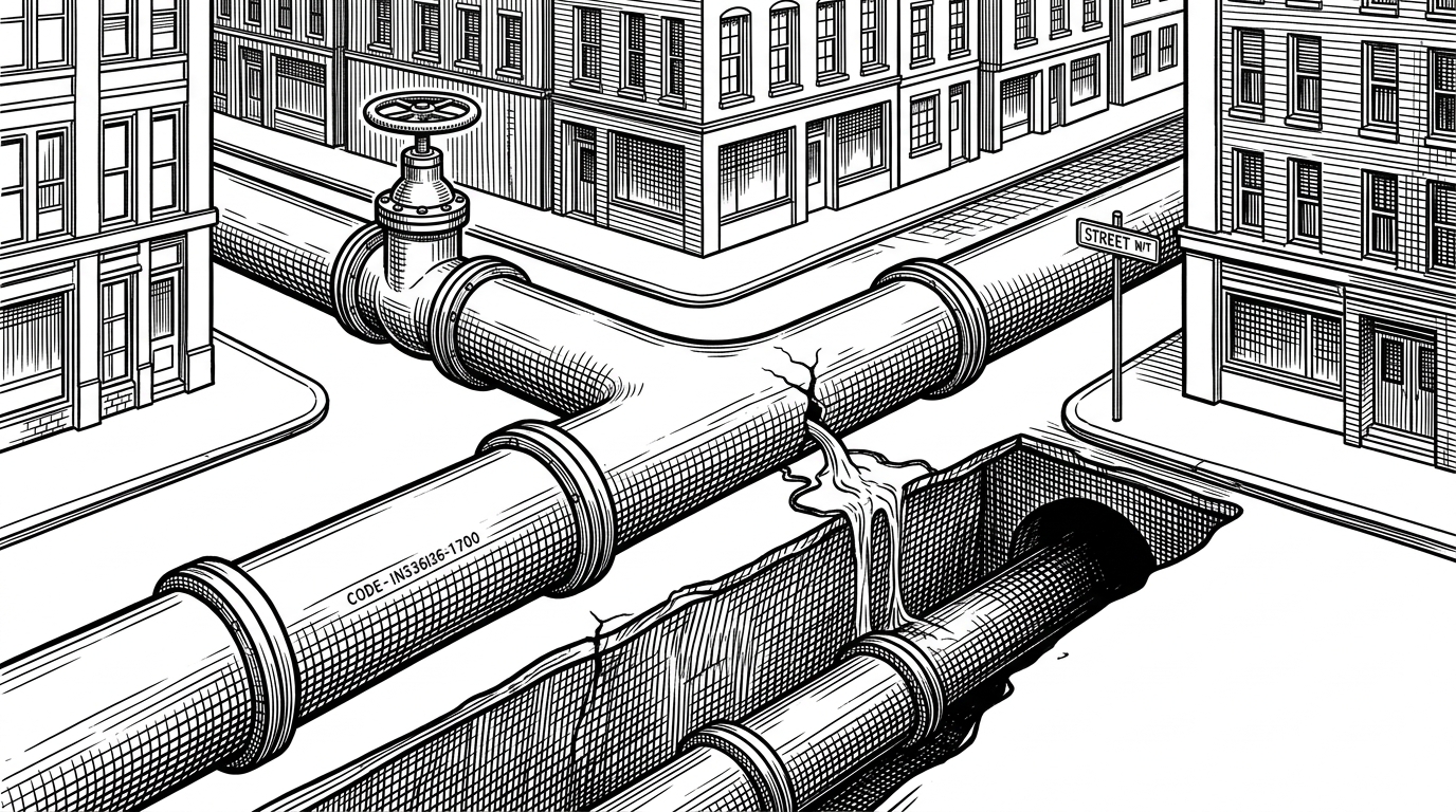 A black-ink city water main splits into a visible regulated branch and a hidden leak that disappears into a side channel. It explains the repo's core idea: some failures are treated as critical, and the tool is built to keep them visible instead of letting them drain away.
