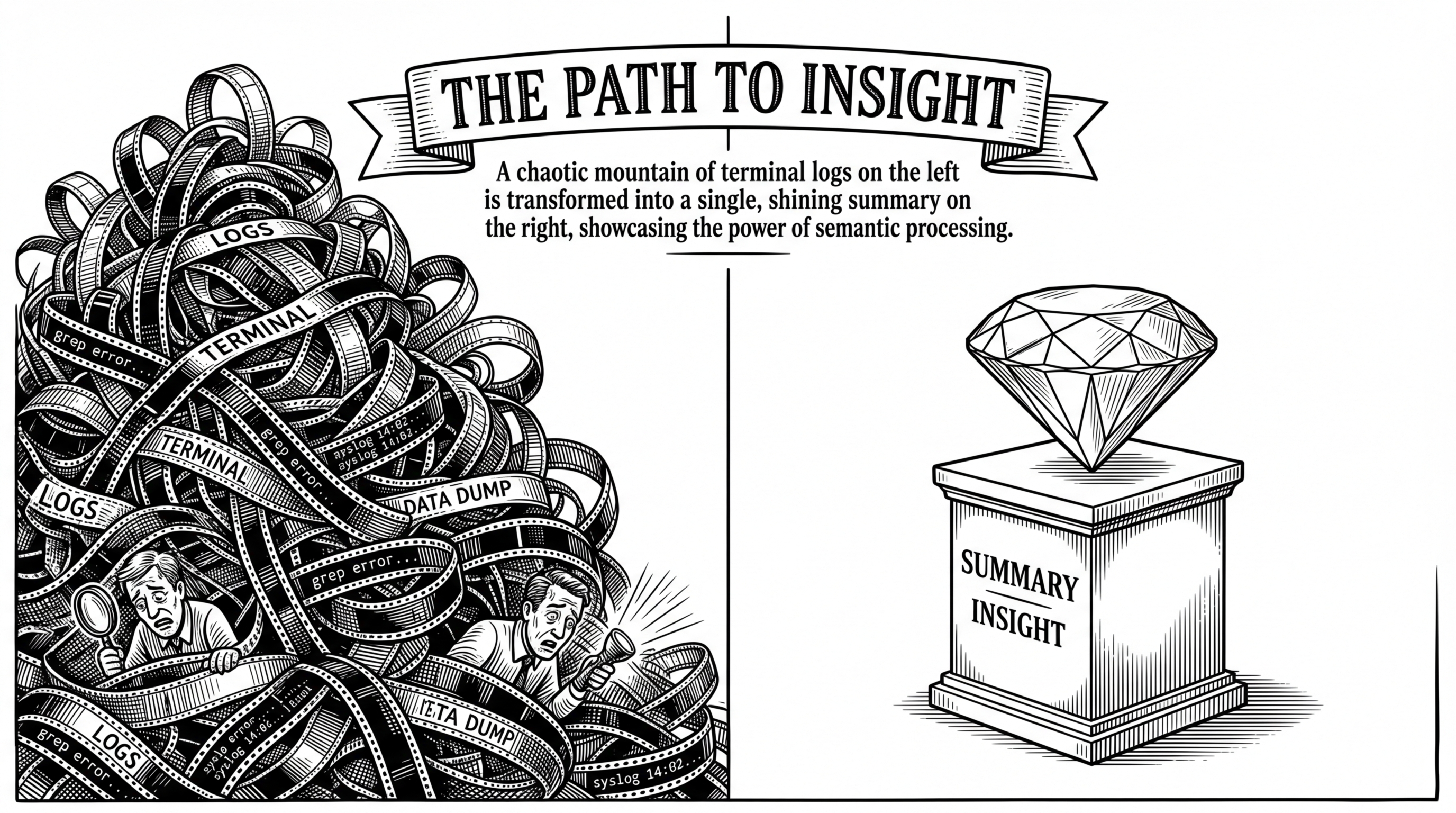 A split composition. On the left, a giant tangled pile of film strips representing raw terminal logs. On the right, a single polished diamond on a pedestal representing a semantic summary.