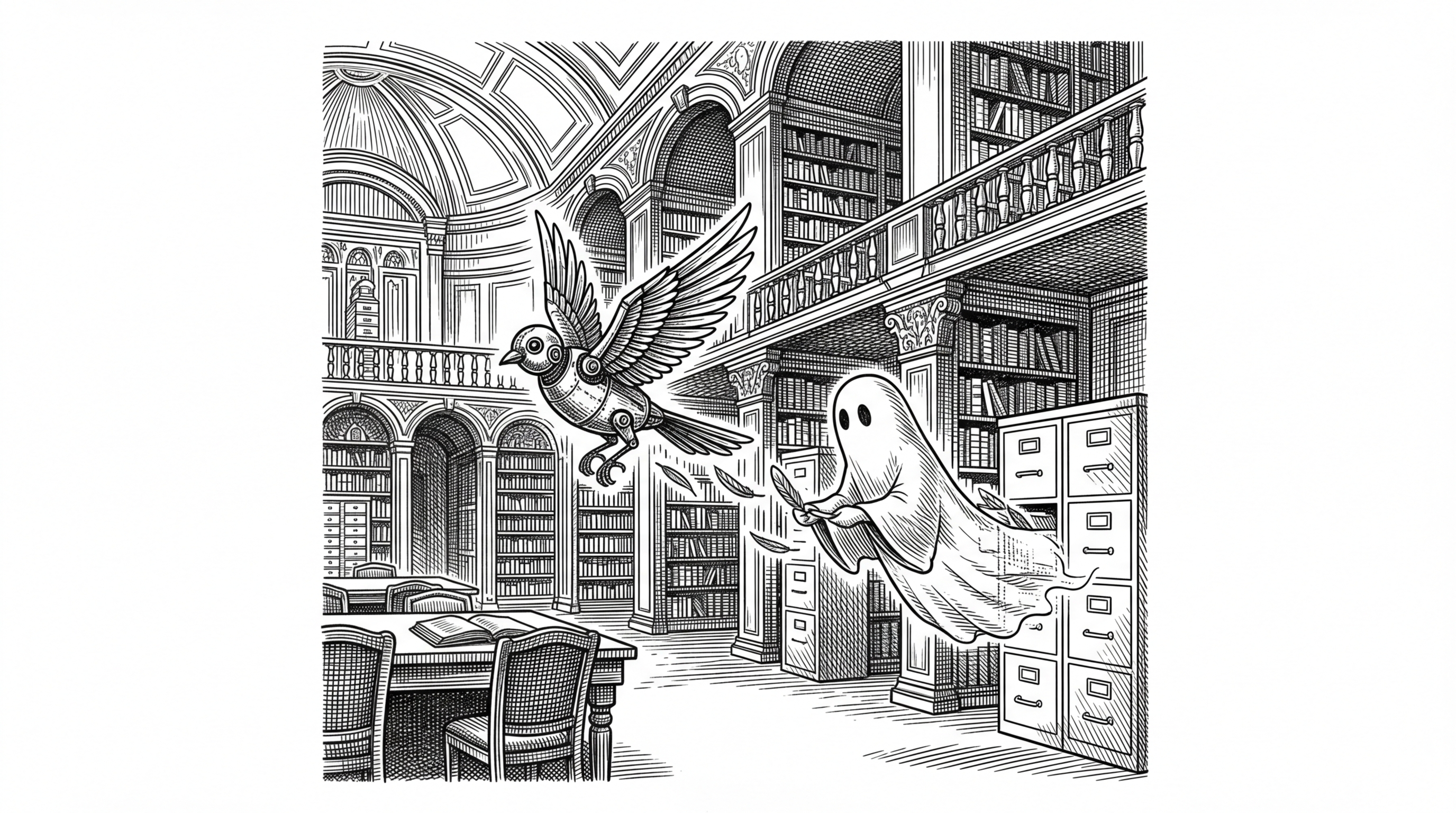 A large ornate library where a small mechanical bird is flying while a translucent ghost figure catches dropped feathers and files them into glowing cabinets, representing passive background recording.