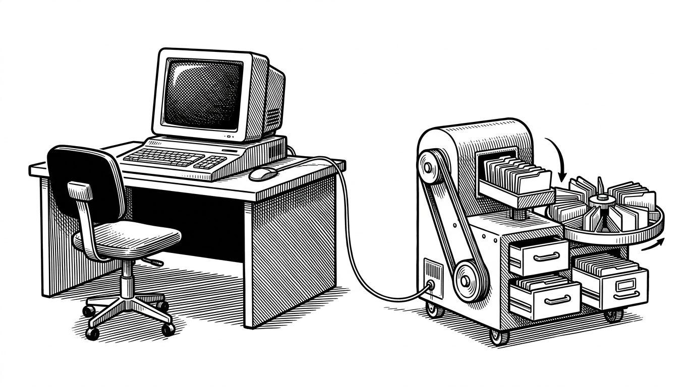 An OpenClaw agent terminal sits dark on one side of a workbench while a small sidecar machine keeps sorting memory cards on the other. The scene explains the project’s core idea: the agent can stop, but the memory layer keeps working in the background.