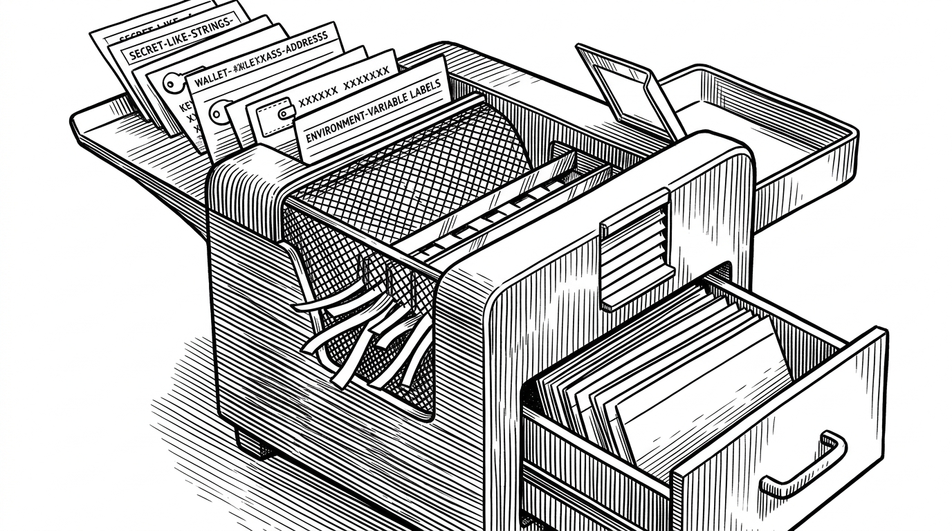 A close-up sorting machine receives a stack of observation cards stamped with secret-like strings, then shreds the sensitive strips before filing the clean cards into drawers. The image explains that Crab-Mem treats redaction as part of memory capture, not as an afterthought.