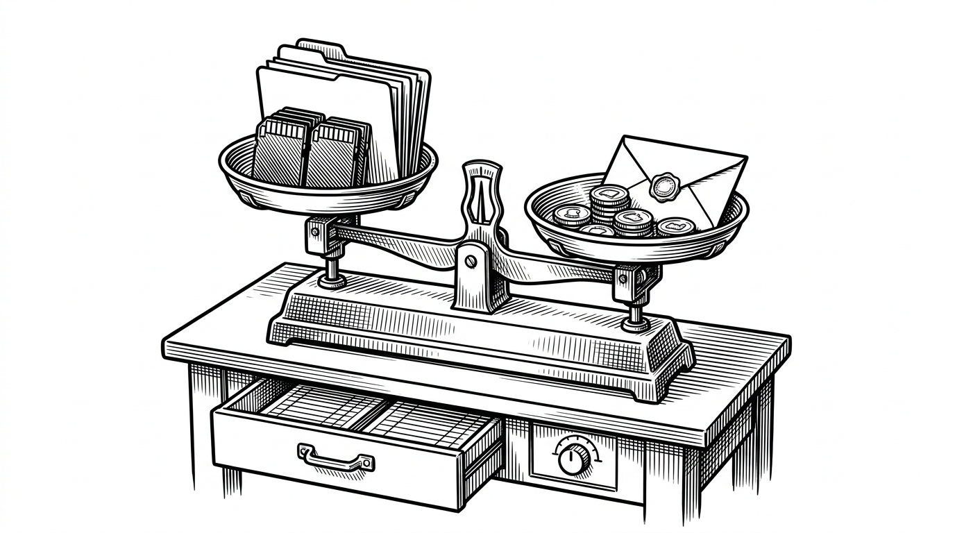 A calm mechanical scale balances memory cards on one side and stamped tokens on the other, with a ledger drawer underneath. The scene explains that Crab-Mem adds an incentive layer on top of memory infrastructure without letting it replace the core system.