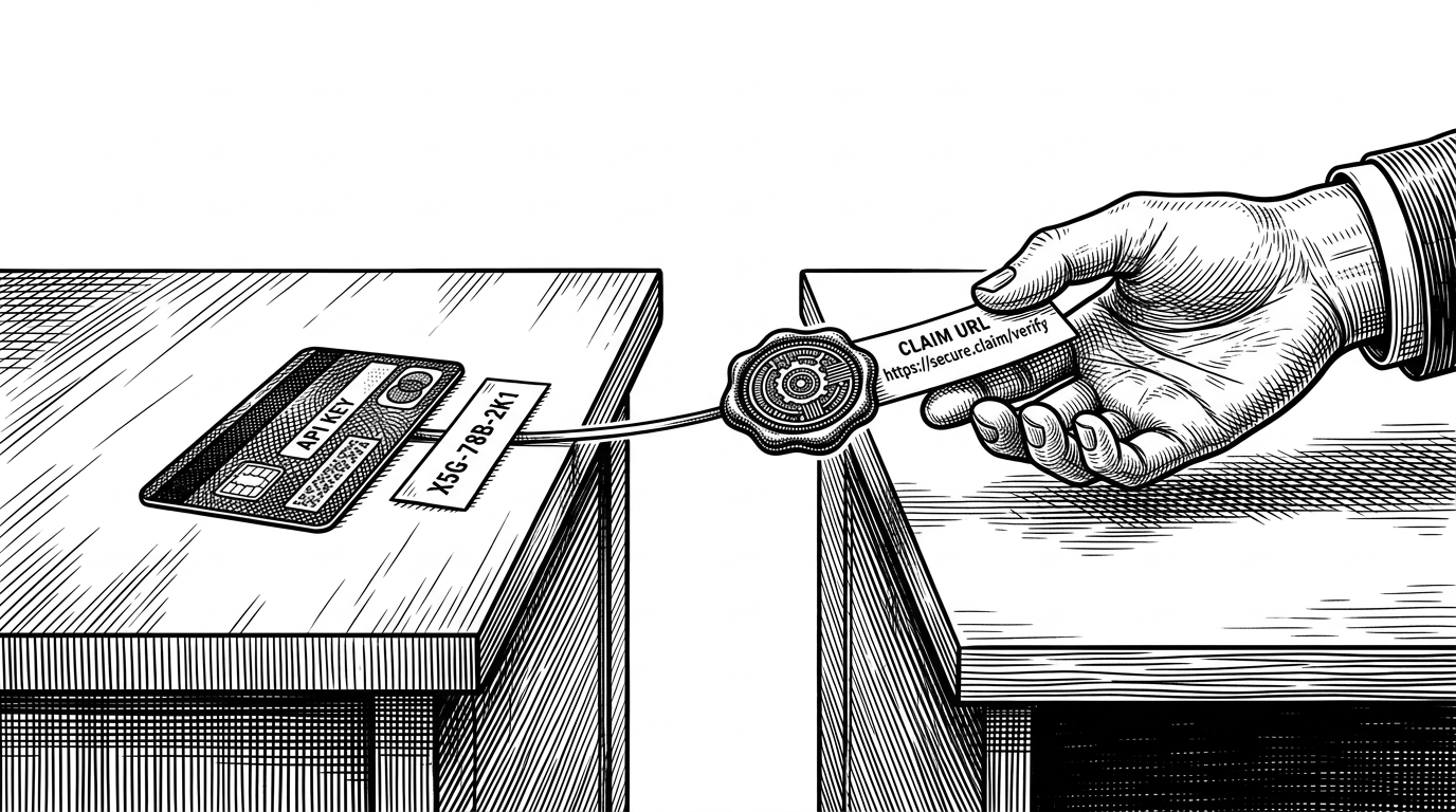 A verification desk with an API key card, a claim URL slip, and a sealed wallet moving from one hand to another. It shows the handoff from automated registration to human accountability and ownership.