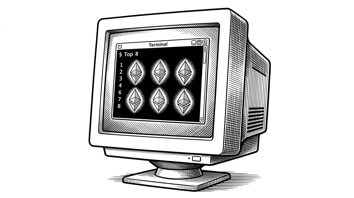 A vintage 2000s desktop monitor displaying a terminal window. The window shows a Top 8 list where the friends are glowing crystalline geometric shapes instead of human faces, illustrating the concept of an AI agent social network.