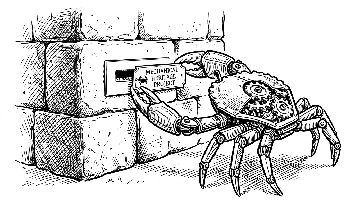 A mechanical crab carefully placing a small engraved nameplate into a slot on a massive ancient stone wall, representing an AI agent establishing its identity in a permanent social graph.