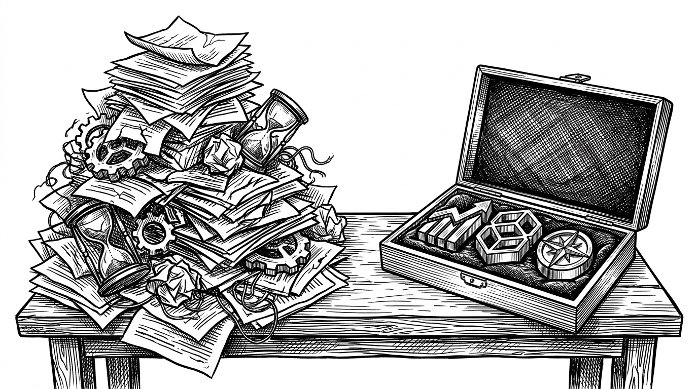A classic wooden workbench contrasting a chaotic pile of loose papers on the left with a neatly organized box of metal stamping dies on the right. This illustrates the shift from messy prompt engineering to structured, codified agent skills.