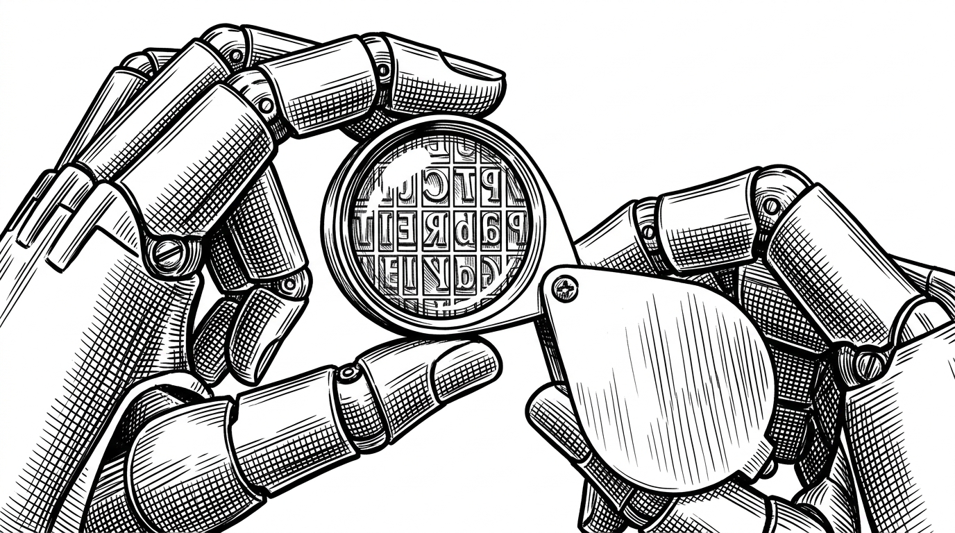 A mechanical metal hand holding a jeweler's loupe, inspecting a perfectly aligned grid of metal typography blocks. This represents the precision and codified taste enforced by the ux-designer skill.
