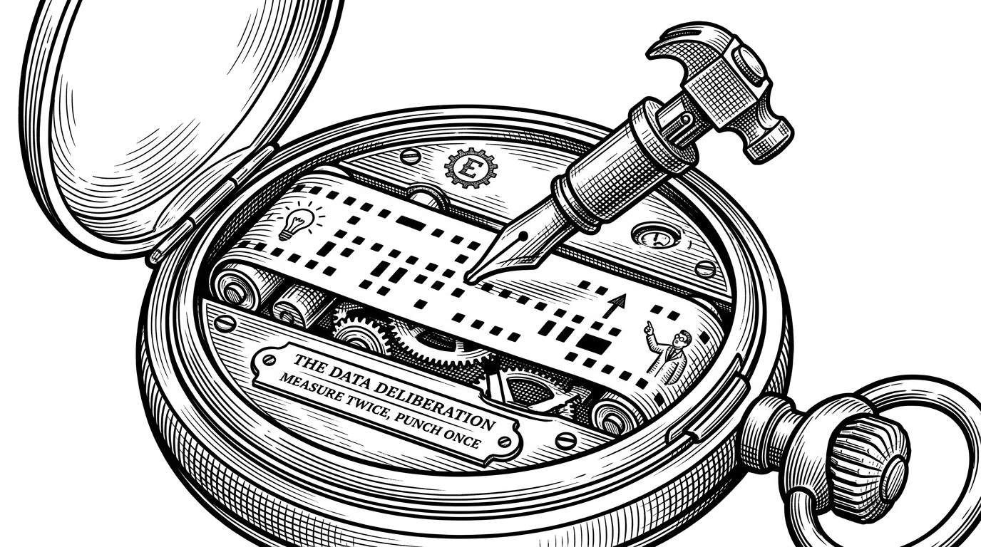 A close-up of a vintage mechanical pocket watch driven by a continuous ticker-tape of punch cards, representing the autonomous heartbeat loop.