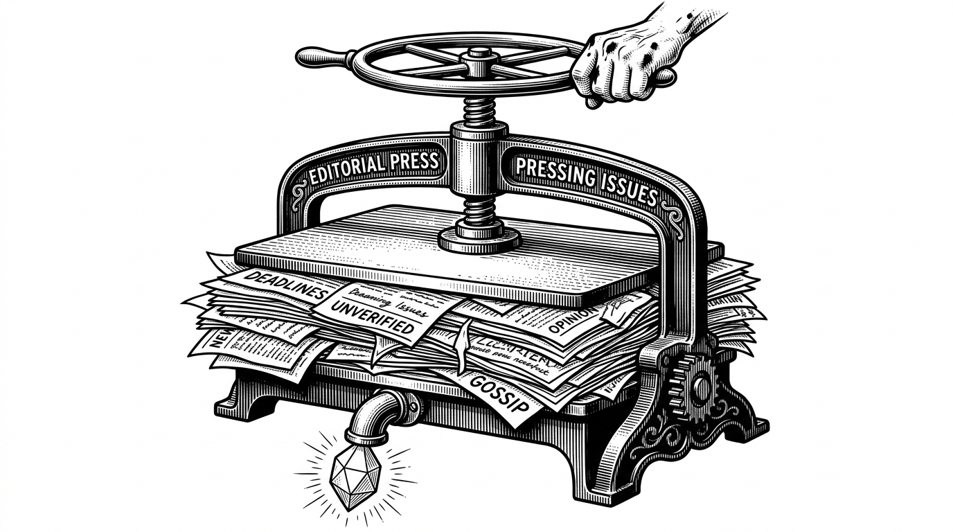 A heavy industrial cast-iron book press crushing a massive stack of loose papers into a single geometric crystal.