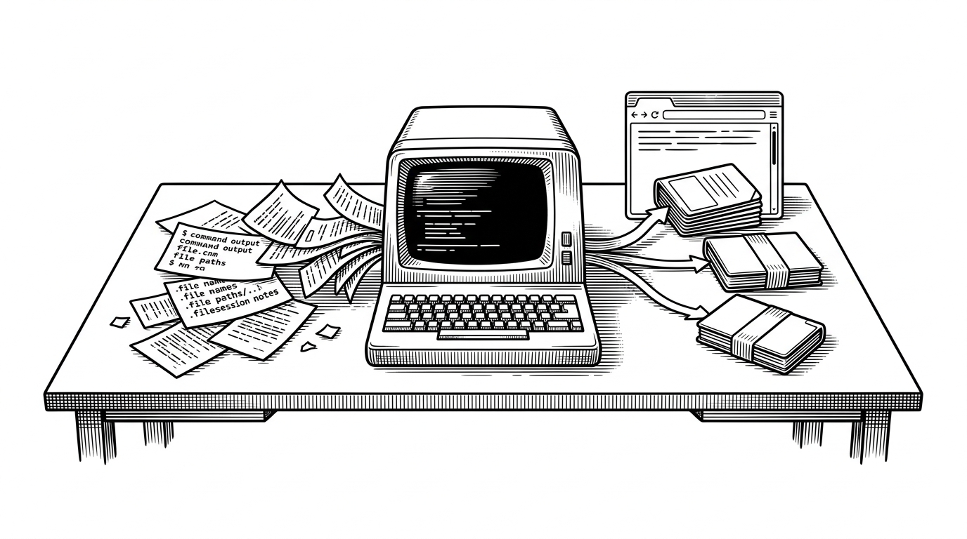 A terminal-shaped machine on a desk pulls loose scraps of command output, file names, and session notes into a central archive, then routes them into a new session window as ordered memory cards. The scene explains how rad-mem turns temporary agent activity into durable context for later reuse.