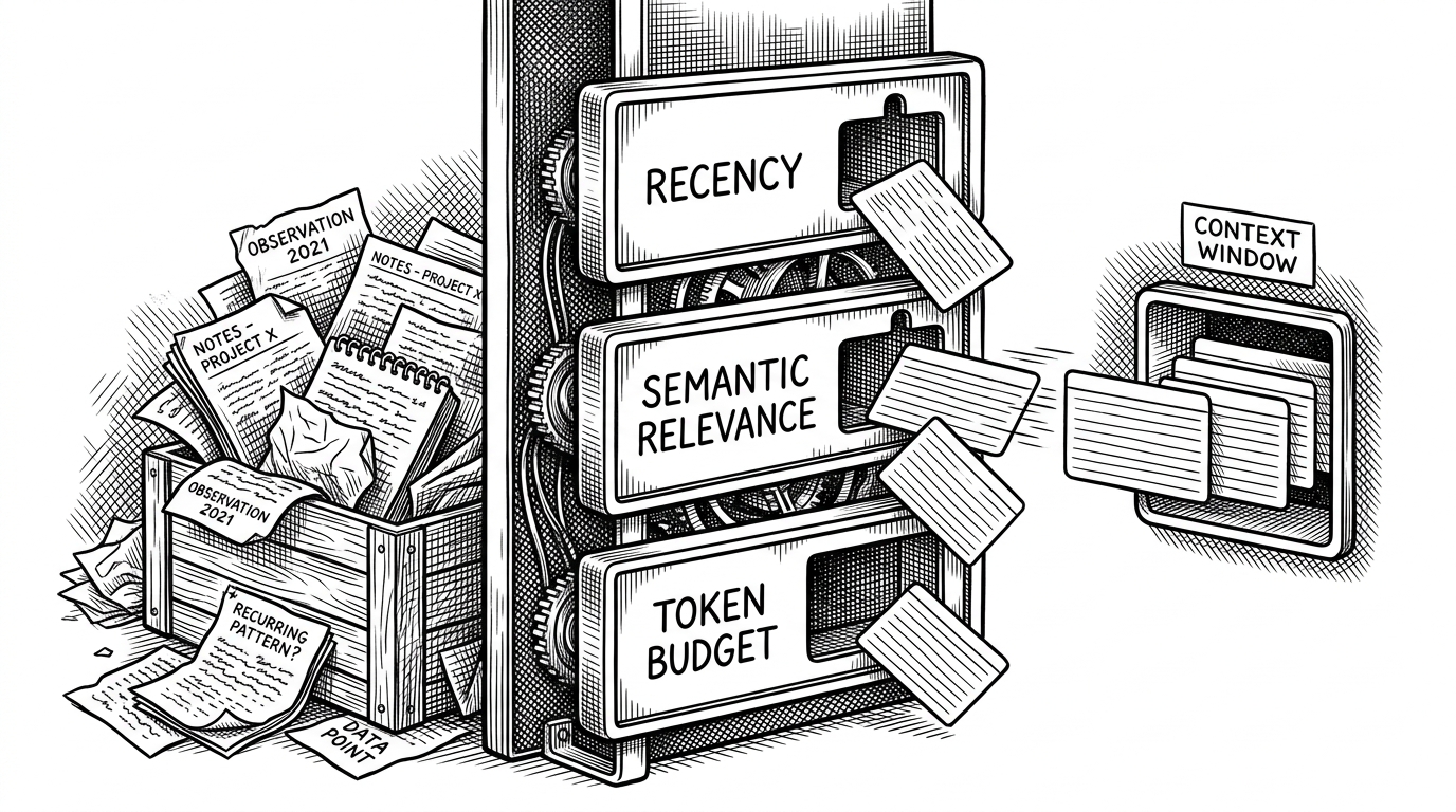 A close-up of a memory gate with three stacked filters. Old observations pile up on one side, while only a small set of selected memory cards pass through the recency, relevance, and token budget layers into a compact context window. The image explains why rad-mem is selective rather than exhaustive.