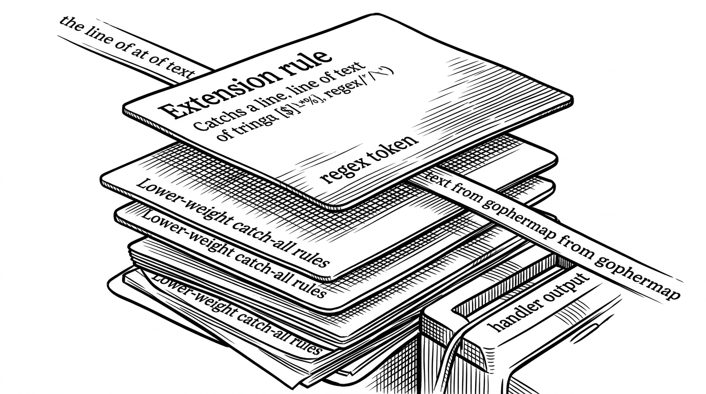 A close-up stack of layered rule cards, with one regex card glowing above lower-weight catch-all cards. A line of text flows through the stack toward a handler output slot. It explains how Fleur's weighted extension matching decides which rule owns a gophermap line.