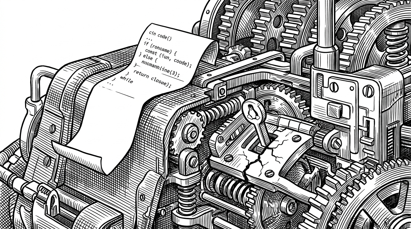 A thin strip of paper with a few lines of code rests across a huge industrial machine of gears, pipes, and lock plates. One small lever sits near a hairline crack inside the mechanism, showing how a tiny script can stress a much larger system. The image explains the article's core idea: a compact proof-of-concept can expose a deep systems failure.