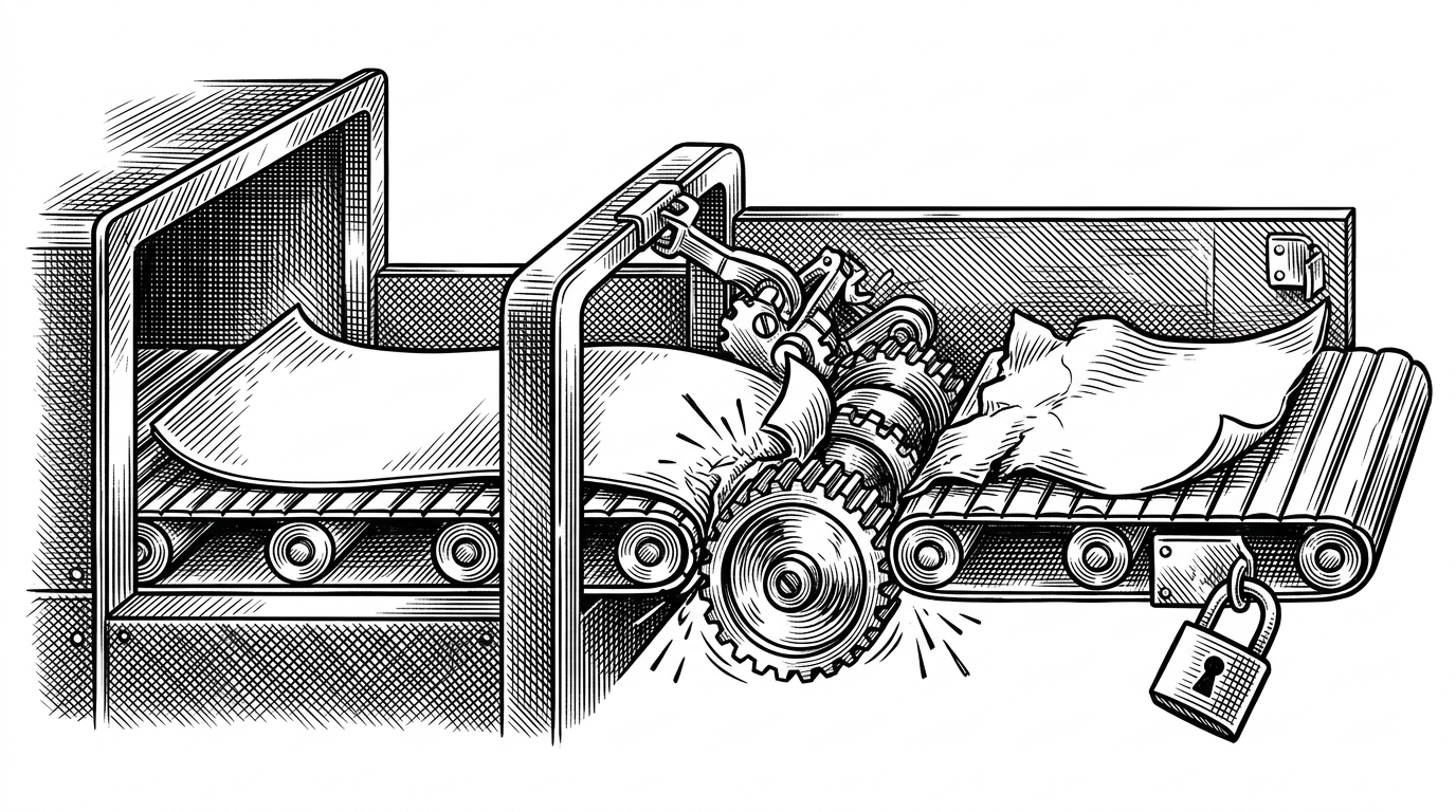 A close-up cross-section shows a page-shaped slab moving on a conveyor between chambers. A latch misfires in the middle, the slab catches on a spinning wheel, and a lock icon shifts out of place on the far side. The scene explains how zero-copy movement can break the link between data motion and data ownership.