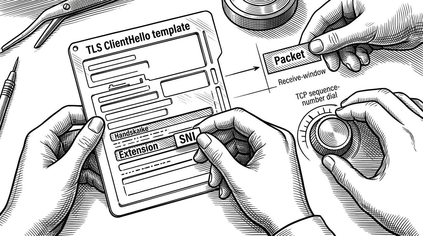A close-up engraving-style scene shows a hand assembling a TLS ClientHello template on a workbench while another hand turns a sequence-number dial past a marked receive-window boundary. The visual explains that the tool edits both the SNI payload and the TCP placement of the packet at the same time.