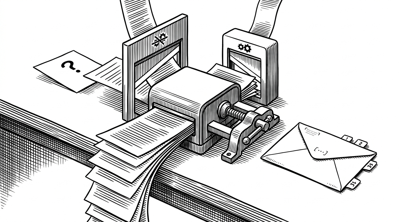 A close-up mechanism shows a user question entering from the left, document chunks sliding in from below, and a small strip of conversation history being trimmed before reaching a prompt assembler. The final prompt is clamped shut with a strict context-only constraint, explaining how the system keeps answers grounded.