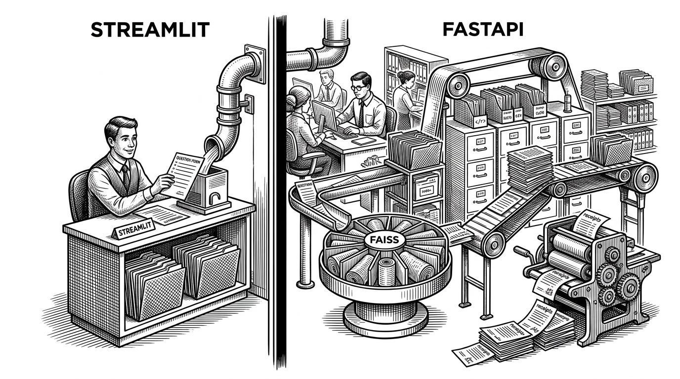 A wide service desk split into two layers. A polite front-end desk handles incoming questions on the left, while a control room on the right routes documents through retrieval, indexing, and citation receipts before sending answers back. The image explains that the UI is only the front door, not the system itself.