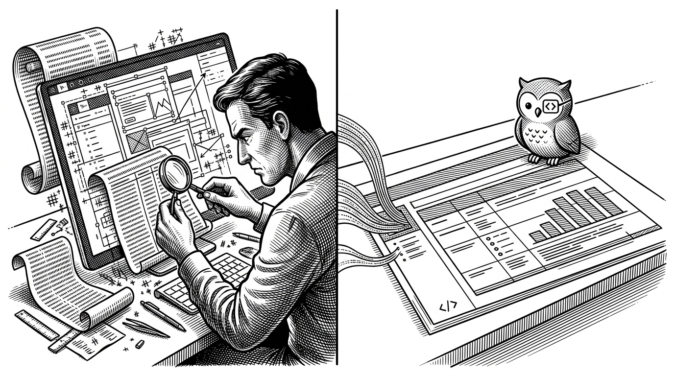 A split scene showing two ways to populate a Figma design. On the left, a designer juggles pasted rows, tiny spacing fixes, and scattered alignment tools around a crowded artboard. On the right, Claude Code applies the same data to a preserved template with the structure intact, showing the difference between manual repair work and template-aware automation.