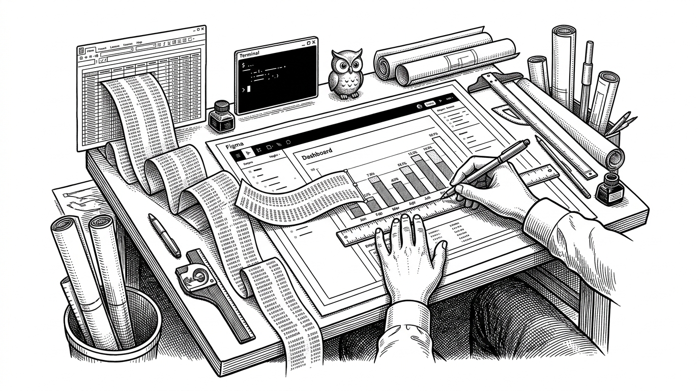 A wide drafting-room scene where a spreadsheet spills rows of data onto a worktable beside a Figma frame like a blueprint board. A careful hand aligns chart elements with a ruler while a terminal window sits nearby, suggesting that the model is operating inside an existing design system instead of redrawing it from scratch.