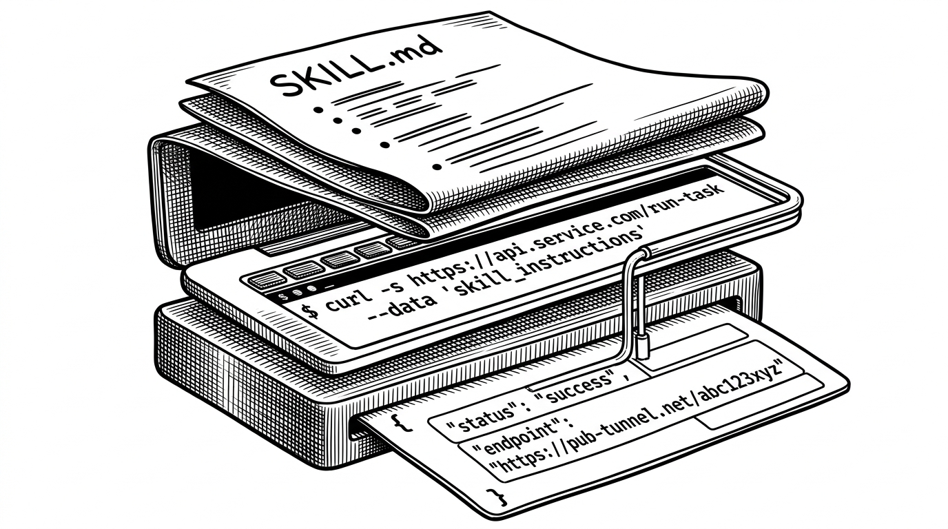 A close-up three-layer stack shows SKILL.md at the top, a shell prompt in the middle running curl and ssh commands, and a structured response or public tunnel endpoint at the bottom. A thin pipe links the command line to the output, showing how instructions become bounded execution and usable results.