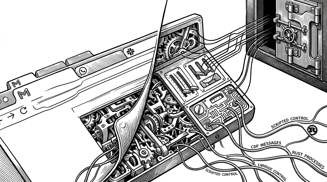 A browser window is shown in close-up as ordinary Gmail, WhatsApp, and Slack tabs remain visible, while thin control tendrils and protocol links enter the frame and pull structured signals into a local vault. The image explains how OpenHuman treats websites as mutable workflow surfaces rather than sealed apps.