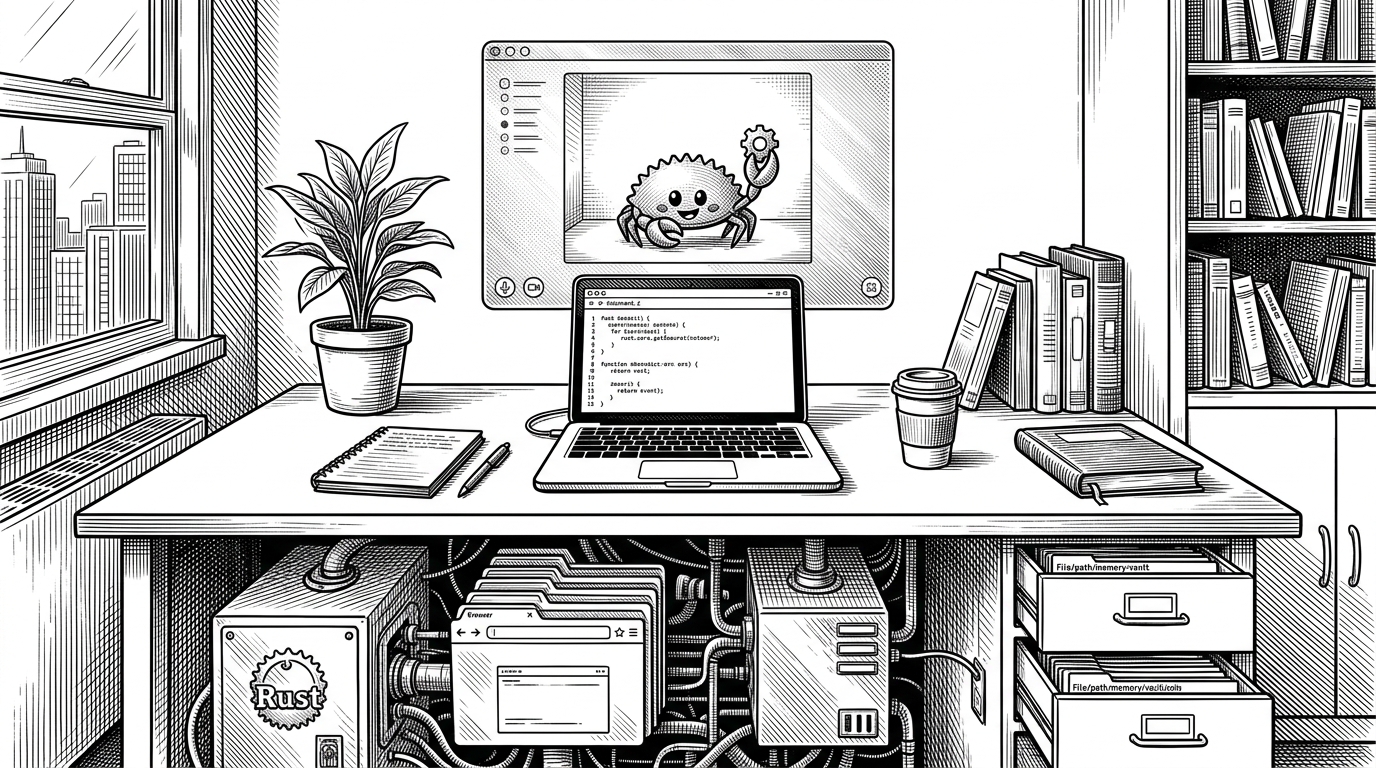 A laptop glows on a desk while a translucent video-call frame hovers above it, showing a tiny mascot as if it were a live camera feed. Beneath the desk, the machine is exposed as layered software parts, which explains how OpenHuman turns meeting presence into a software problem instead of a hardware one.