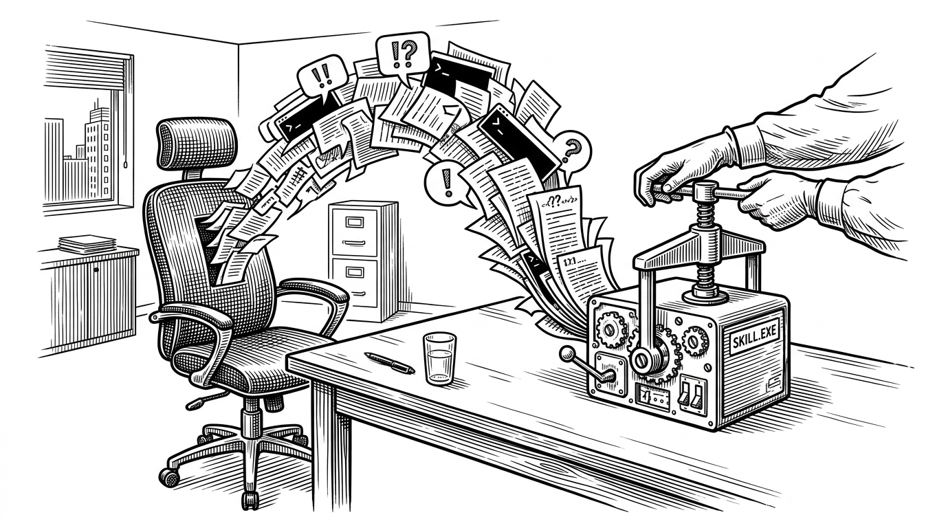 An empty office chair sits beside a desk while a stream of papers, chat bubbles, and code traces is pressed into a compact mechanical module. The scene explains the repo’s core idea: turning a person’s scattered work traces into an executable skill, not just an archive.