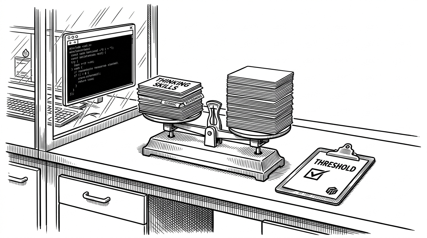 A laboratory scale balances a stack of labeled thinking skill cards against a stack of blank control cards, while a clipboard marks a passing threshold. In the background, a terminal sits behind glass like a specimen under test, explaining that the repo measures reasoning frameworks instead of trusting them on faith.
