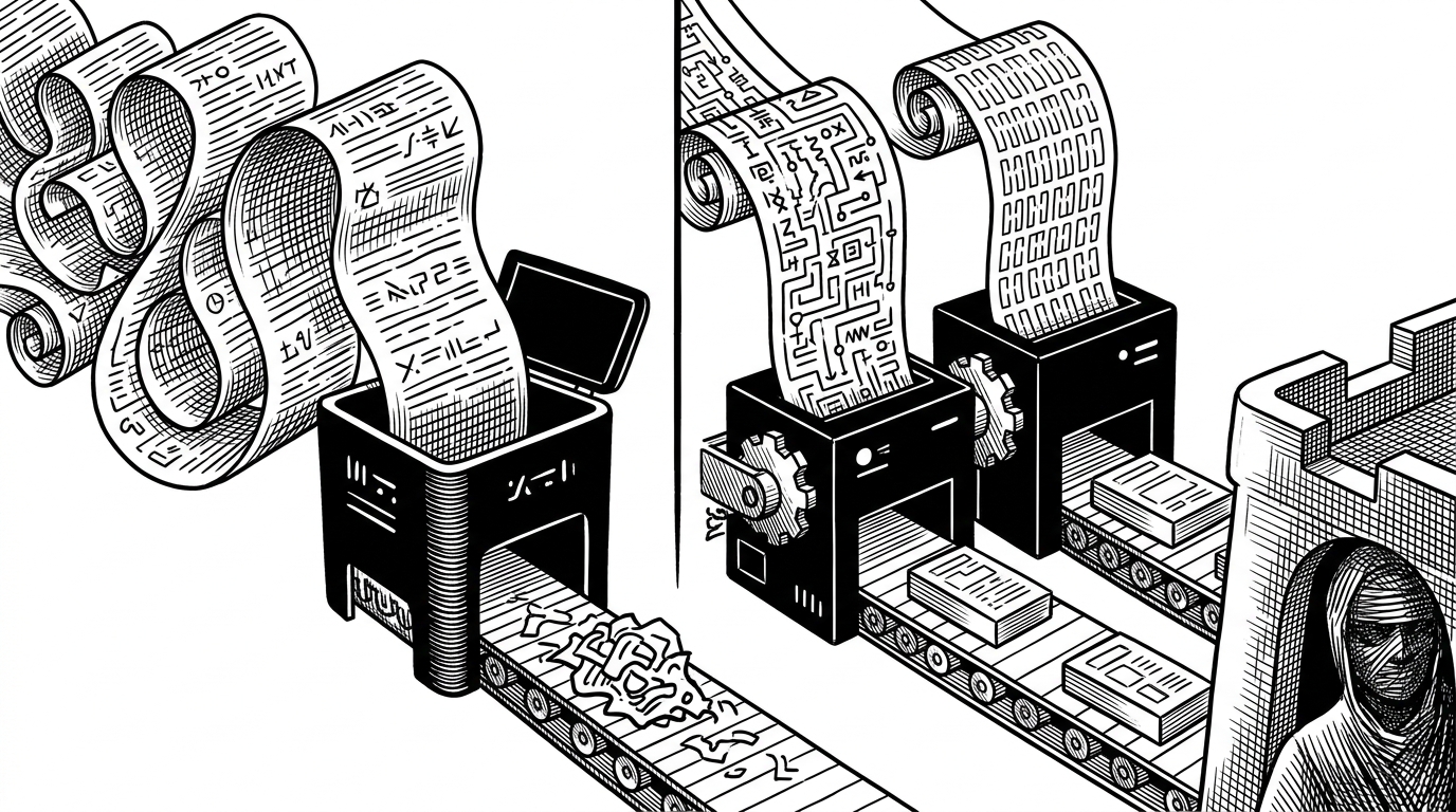 Two nearly identical prompt streams move through parallel black boxes, one carrying a dense skill guide and the other a length-matched neutral filler. Both outputs roll into the same blind judge chamber, showing how the harness tests whether the framework helps beyond extra tokens or formatting effects.
