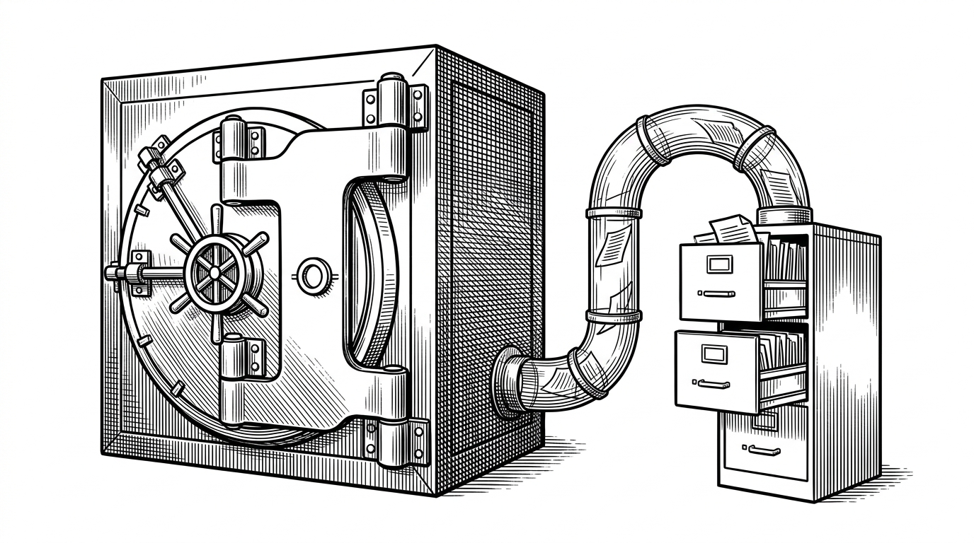 A massive, heavy bank vault with a proprietary logo (representing a traditional CMS) sits next to a lightweight, transparent pneumatic tube system (Gether) that routes paper documents directly into a standardized, open filing cabinet. This illustrates the stateless vs stateful CMS concept.