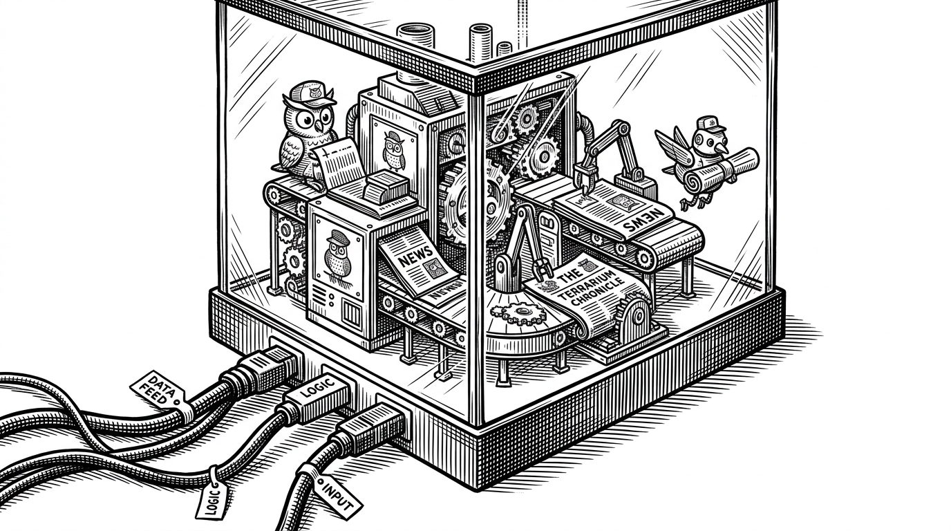 A close-up of a glass terrarium or sandbox. Inside, a tiny, hyper-detailed automated factory is rapidly assembling a printed newspaper in real-time. Thick data cables plug directly into the base of the glass box. This illustrates the Cloudflare Sandbox spinning up an actual dev server environment.