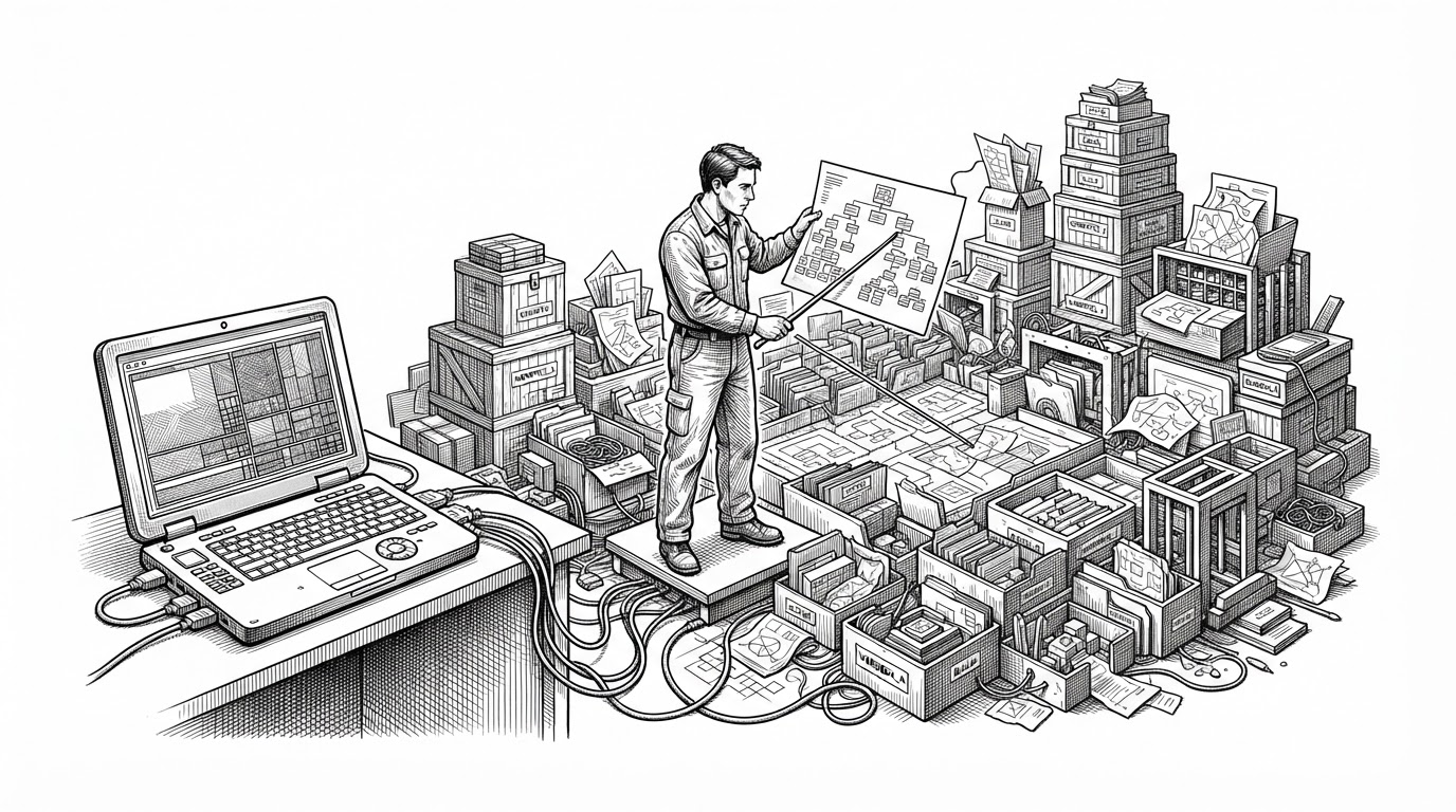 A cluttered developer workspace is arranged like a physical storage problem, with nested folders, caches, worktrees, and build debris spread across the scene. A central figure studies a visual map instead of sweeping blindly, showing that cleanup starts with understanding structure, not just deleting large things.