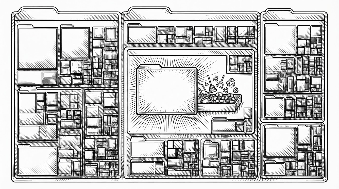 Nested treemap rectangles are shown like an architectural blueprint, with several parent folders reserving a visible header band and smaller child rectangles packed inside them. A selected folder opens into a review list, showing that the layout is not decorative but directly connected to action.