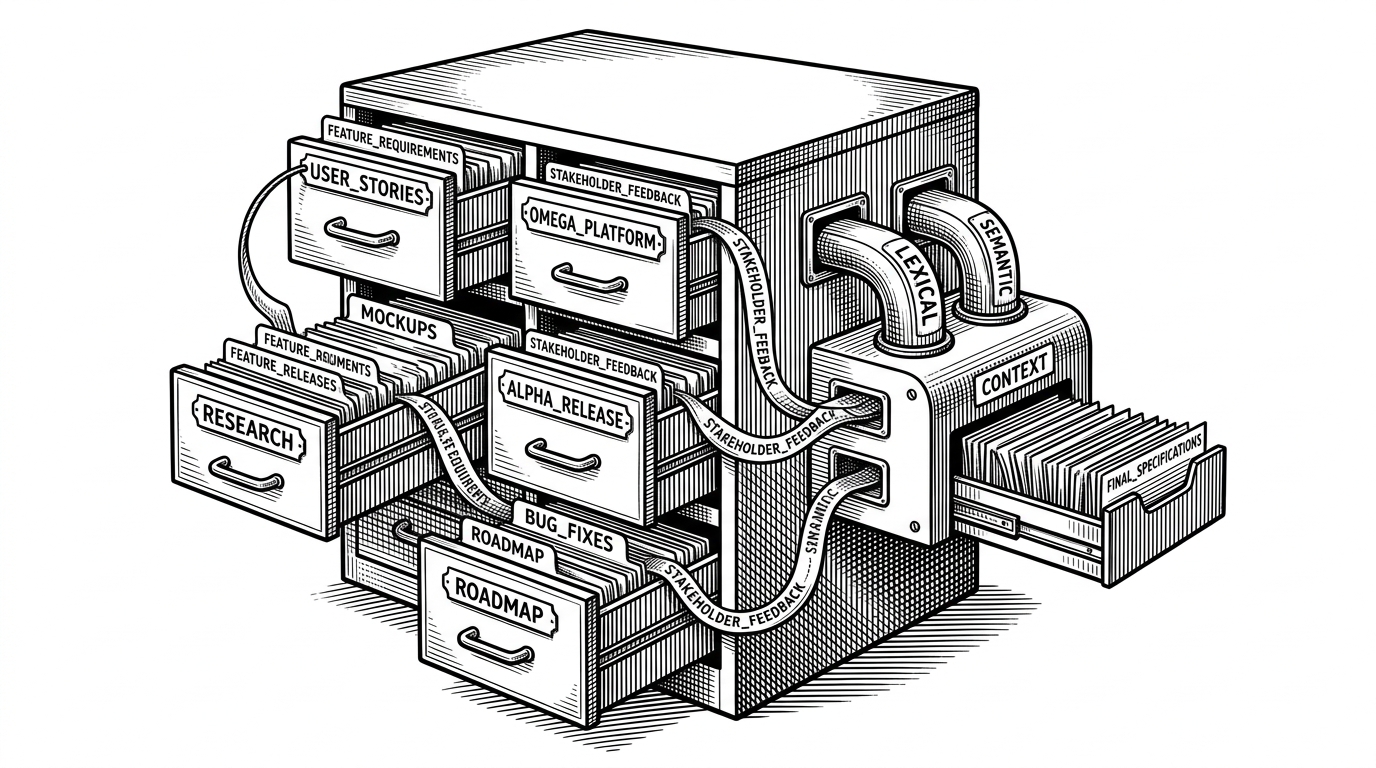 A filing cabinet built like a living map, with drawers branching into nested note paths and project folders. Threaded cards flow from the drawers into a compact machine with two intake channels, showing how path context and hybrid retrieval merge into one ordered memory output.