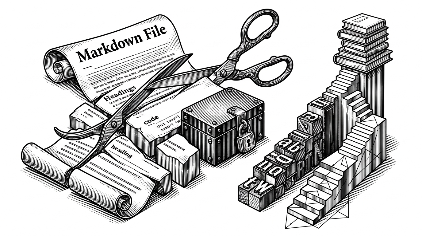 A close-up of a Markdown file being cut into uneven blocks along semantic seams, with one code fence preserved as a sealed unit. Two ranking streams, one lexical and one vector-based, converge into a final stack of results, explaining how QMD combines smart chunking and hybrid retrieval.