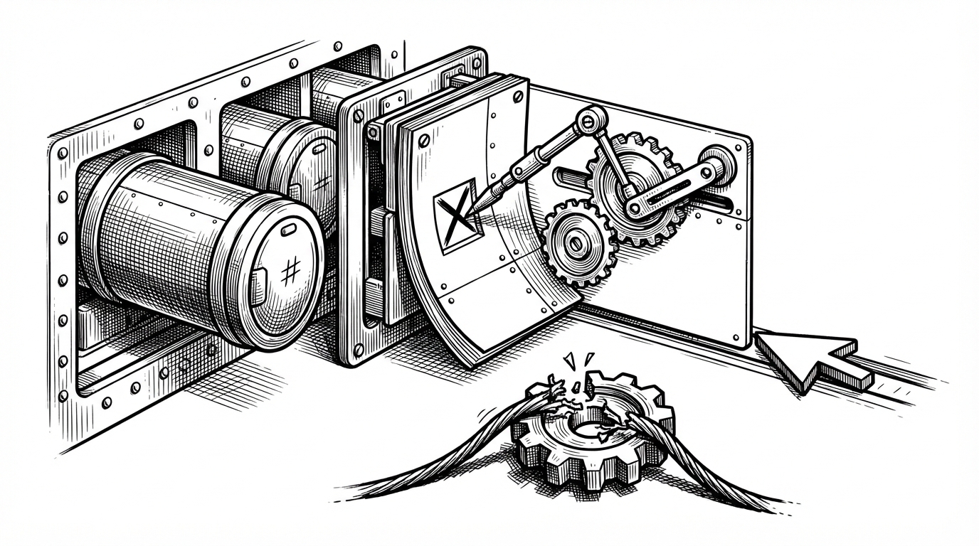 A close-up of an immutable packfile sliding into storage, followed by a manifest checkbox flipping forward through a compare-and-swap step. A small crash event sits to the side, but the recovery cursor continues moving. The image explains how durability, consistency, and recovery are separated into distinct steps.