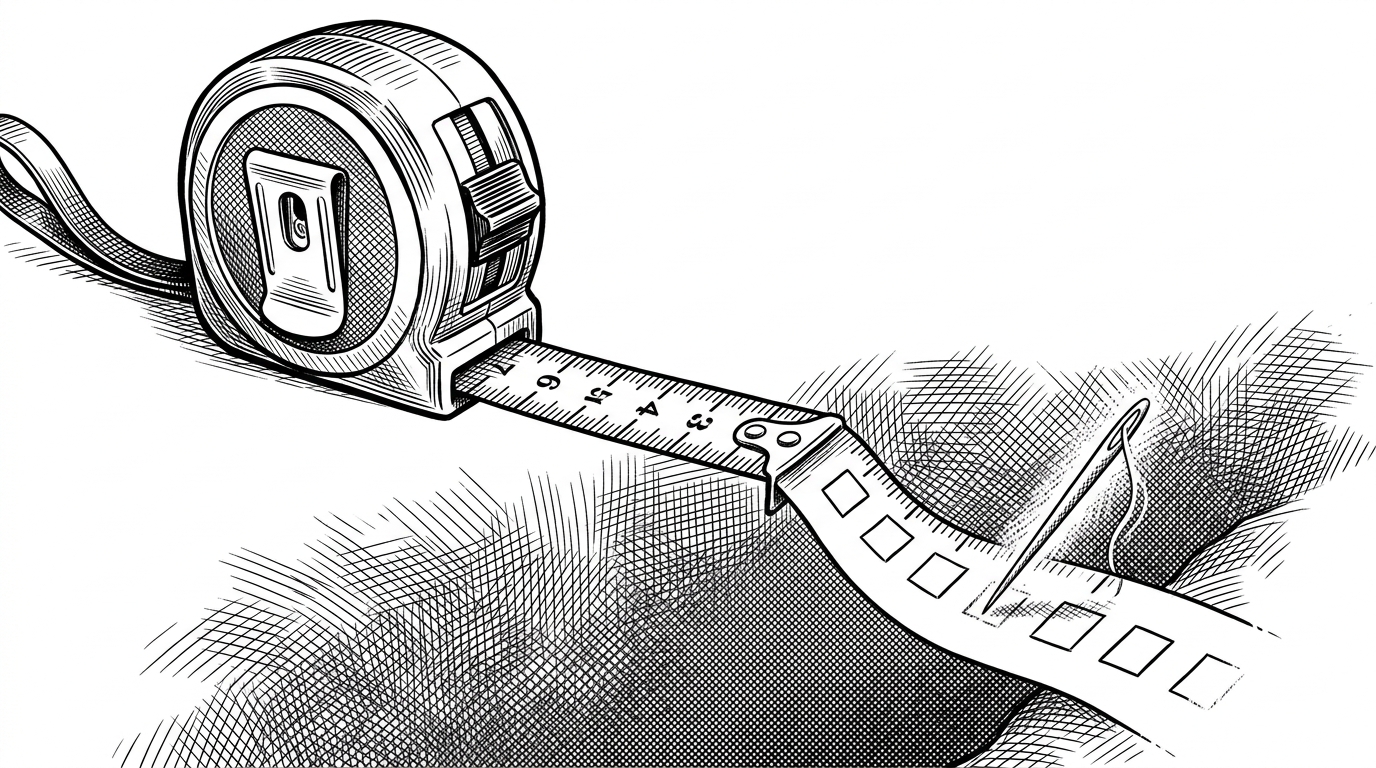 A close-up of a tape measure unspooling into a foggy abyss. As it unspools, new blank squares are stitched onto the end by a ghostly needle, representing the defaultdict creating memory on the fly.