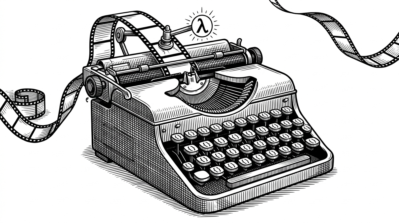 A vintage mechanical typewriter where the keys are Python dictionary braces. A continuous film strip feeds through it, with a mechanical arm hovering over it, controlled by a glowing lambda symbol. This represents Python controlling the physical mechanics of the Turing Machine.