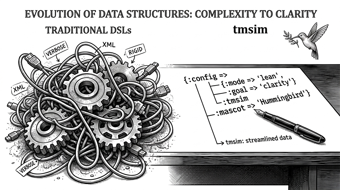 A split-screen comparison. On the left, a tangled, dusty pile of XML cables and rigid metal gears. On the right, a sleek, minimalist desk with a single, perfectly balanced fountain pen drawing a clean, nested dictionary structure. This contrasts traditional clunky DSLs with tmsim's elegant Python dictionary approach.