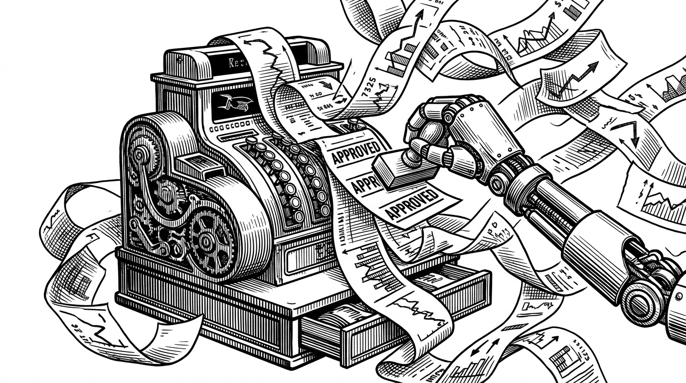 A vintage mechanical cash register with tangled ticker tape exploding from it, while a robotic hand tries to stamp APPROVED on the paper. This represents the financial chaos of runaway AI agents and the framework's attempt to audit them.
