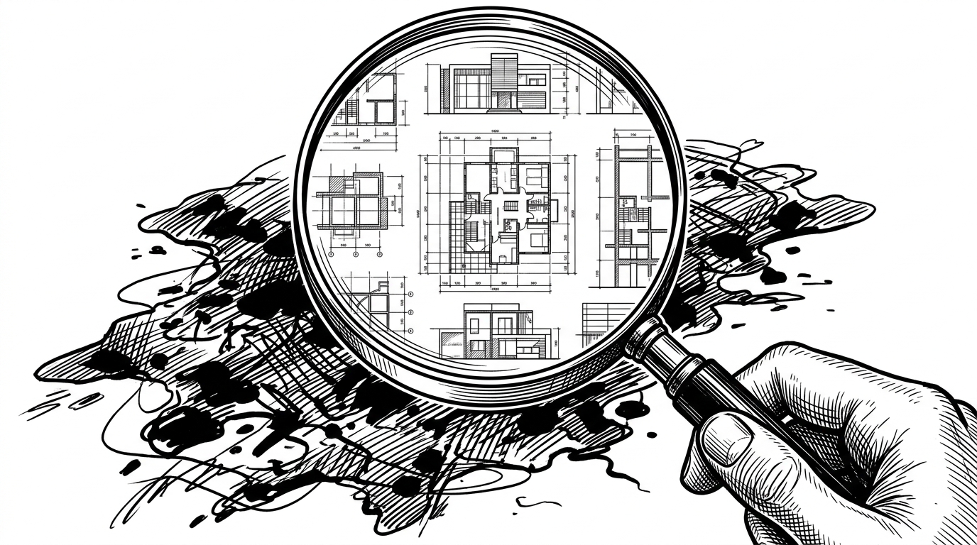 A close-up of a magnifying glass held over a pool of spilled, chaotic ink. Through the lens, the ink resolves into perfectly structured geometric shapes and architectural blueprints.