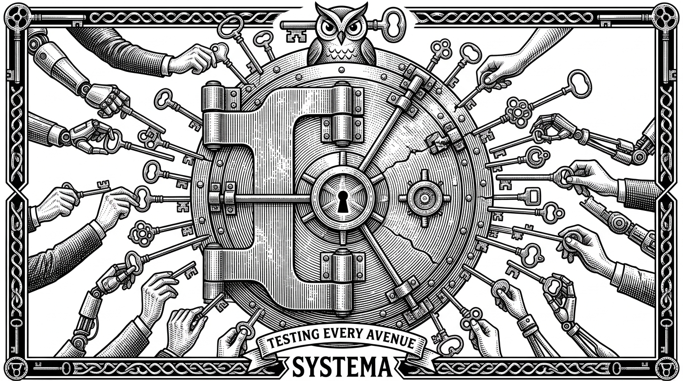 A heavy steel bank vault door being tested by dozens of mechanical skeleton keys simultaneously, inserted into various cracks and seams.