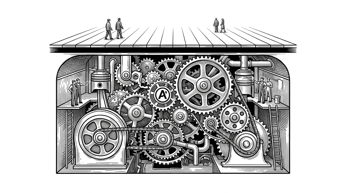 A cross-section illustration showing a massive mechanical engine block operating silently beneath a clean, minimalist wooden floorboard, representing a heavy AI model running as a background daemon.
