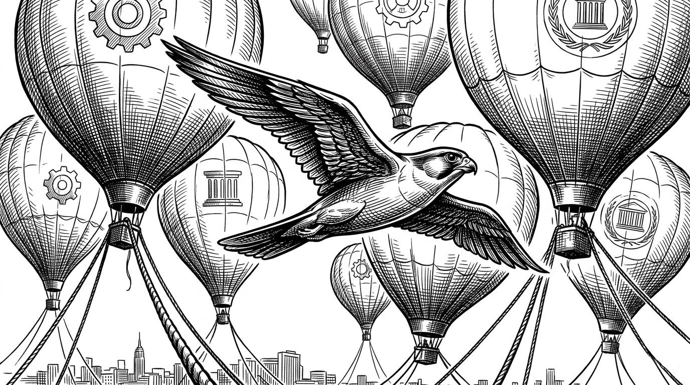 A sleek metallic falcon navigating through a crowded sky of slow, tethered hot air balloons. This visualizes the contrast between Maki's lightweight native binary and heavy web-based, Electron-wrapper AI agents.
